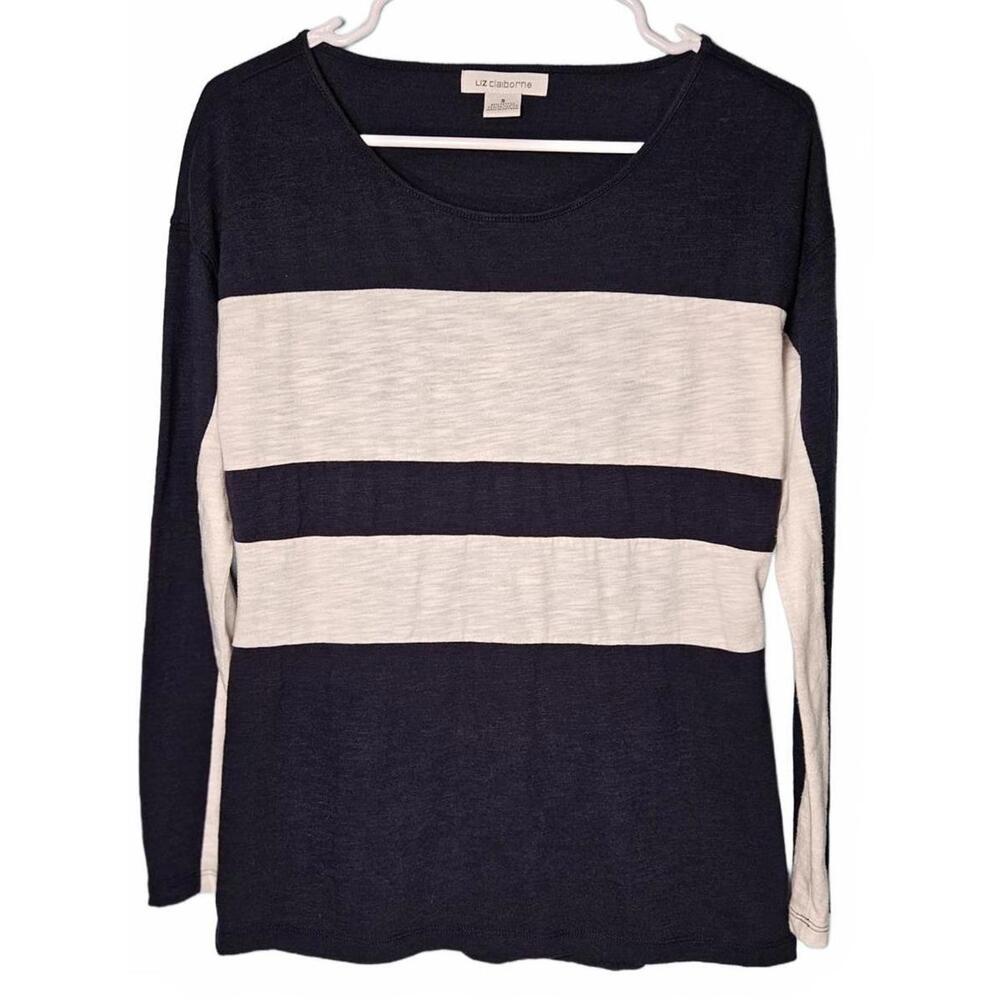Liz Claiborne Navy White Stripe‎ Long Sleeve T Shirt Size Small Coastal Nautical